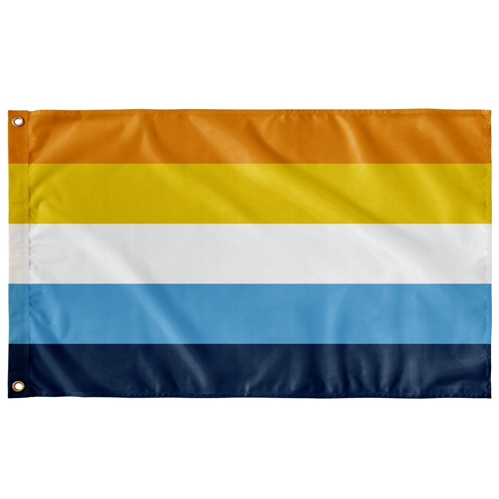 An Aroace Flag with orange, yellow, white, light blue, and dark blue stripes symbolizing the aroace community.