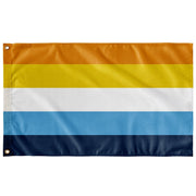 An Aroace Flag with orange, yellow, white, light blue, and dark blue stripes symbolizing the aroace community.